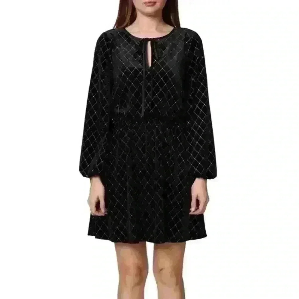 Sage Collective Grid Glitter Tie Neck Knit Dress In Black